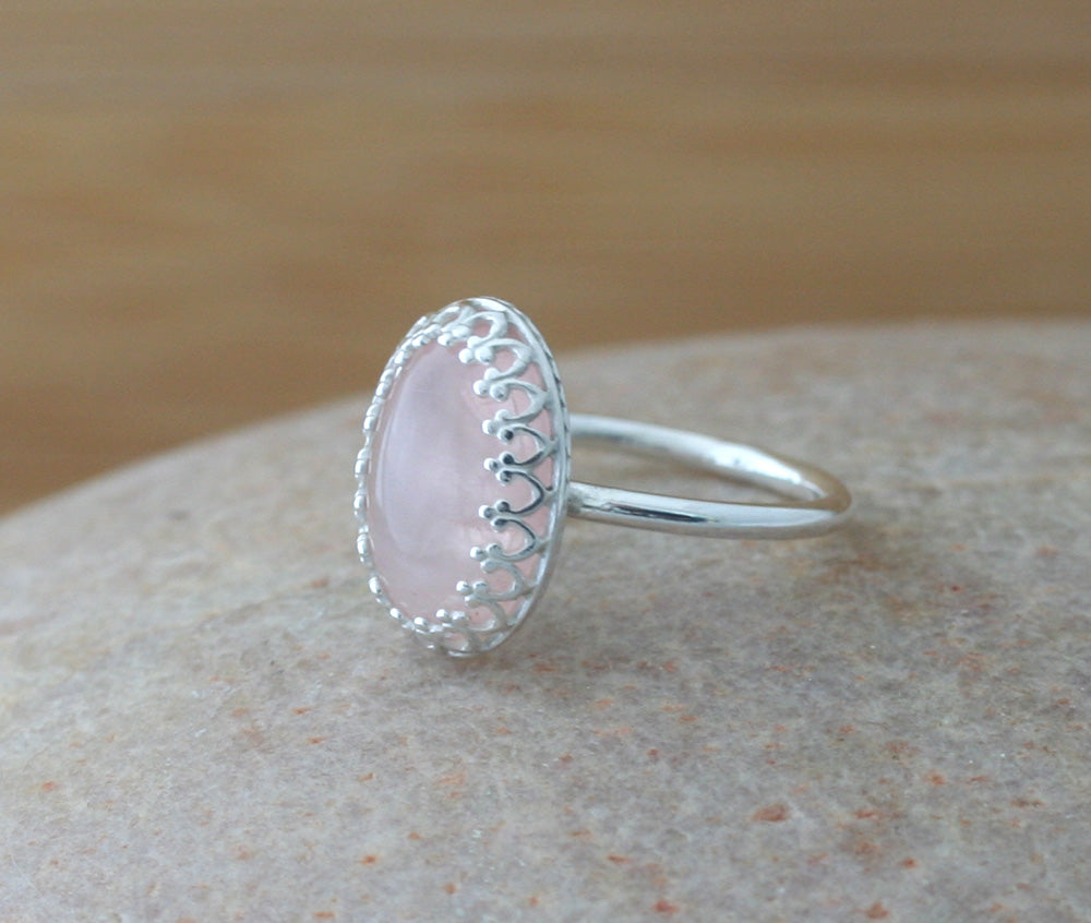 Rose quartz princess crown ring in sustainable sterling silver. Handmade in New Jersey, US.