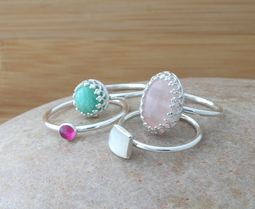 Ruby. amazonite, rose quartz, moonstone stacking rings made in New Jersey, US, with sustainable silver.