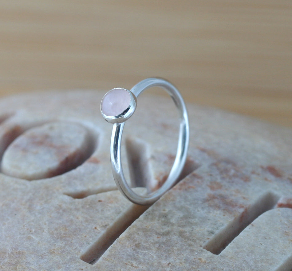 Small rose quartz stacking ring in all sizes. Sterling silver. Minimalist design. Handmade in the US with sustainable silver.