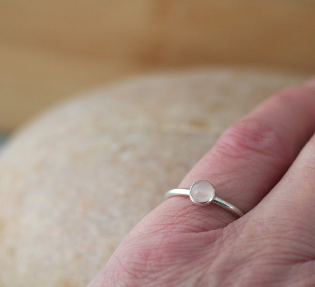 Small rose quartz stacking ring in all sizes. Sterling silver. Minimalist design. Handmade in the US with sustainable silver.