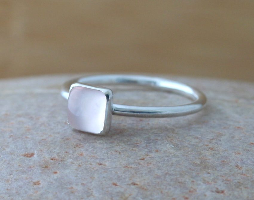 Rose quartz square stacking ring. Sterling silver. Handmade in the US with sustainable silver.