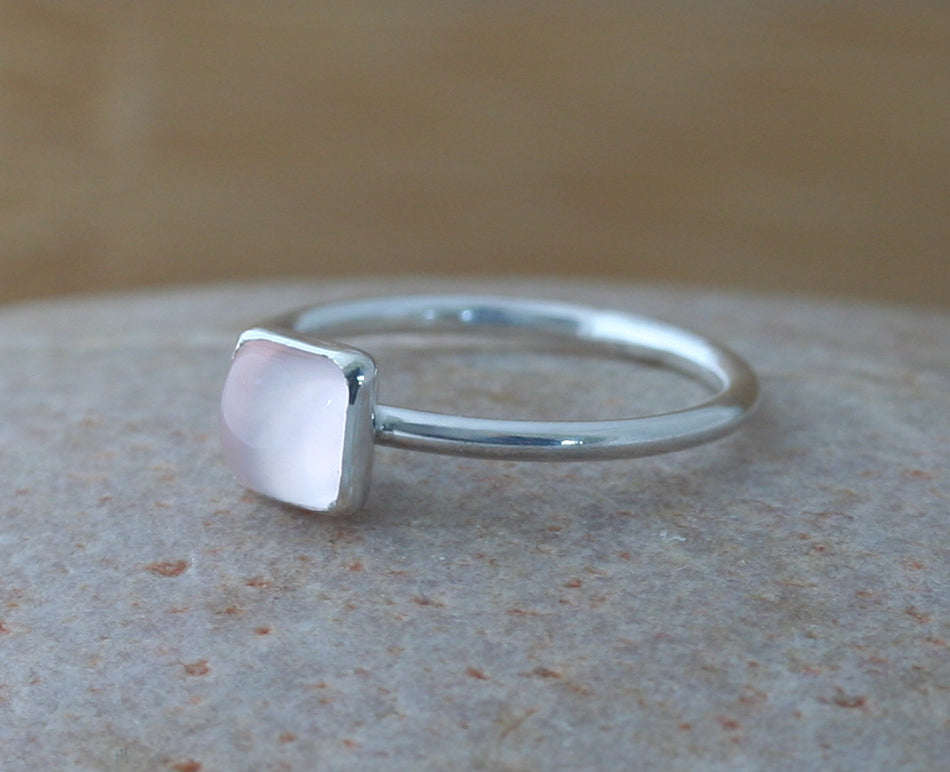 Rose quartz square stacking ring. Sterling silver. Handmade in the US with sustainable silver.