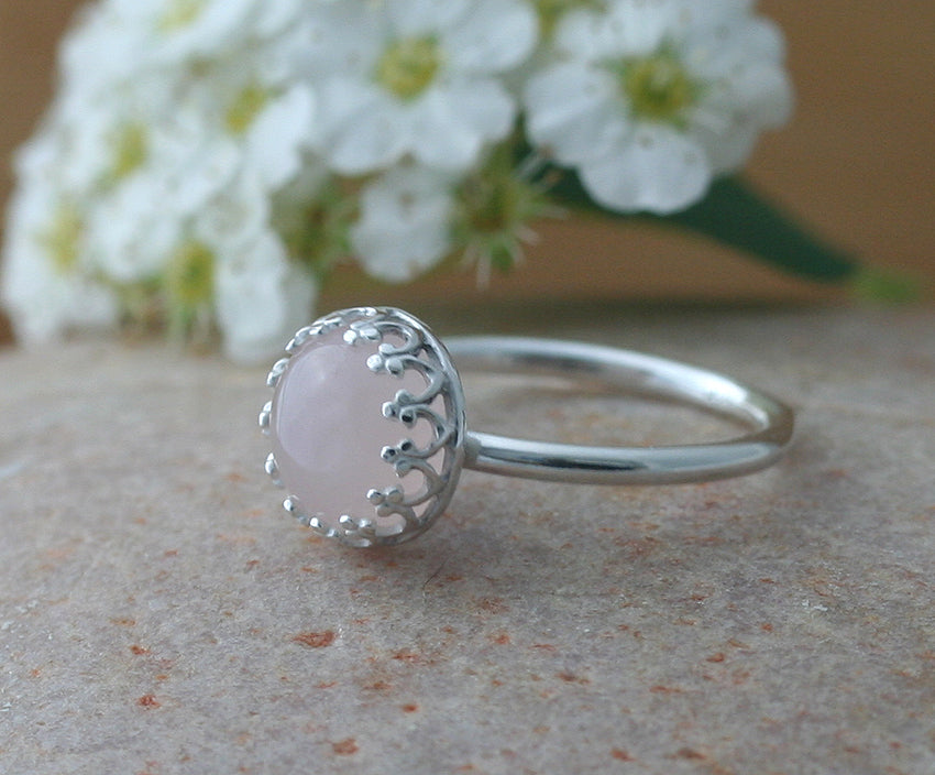 Rose quartz crown princess ring in sustainable sterling silver. Handmade in New Jersey, US