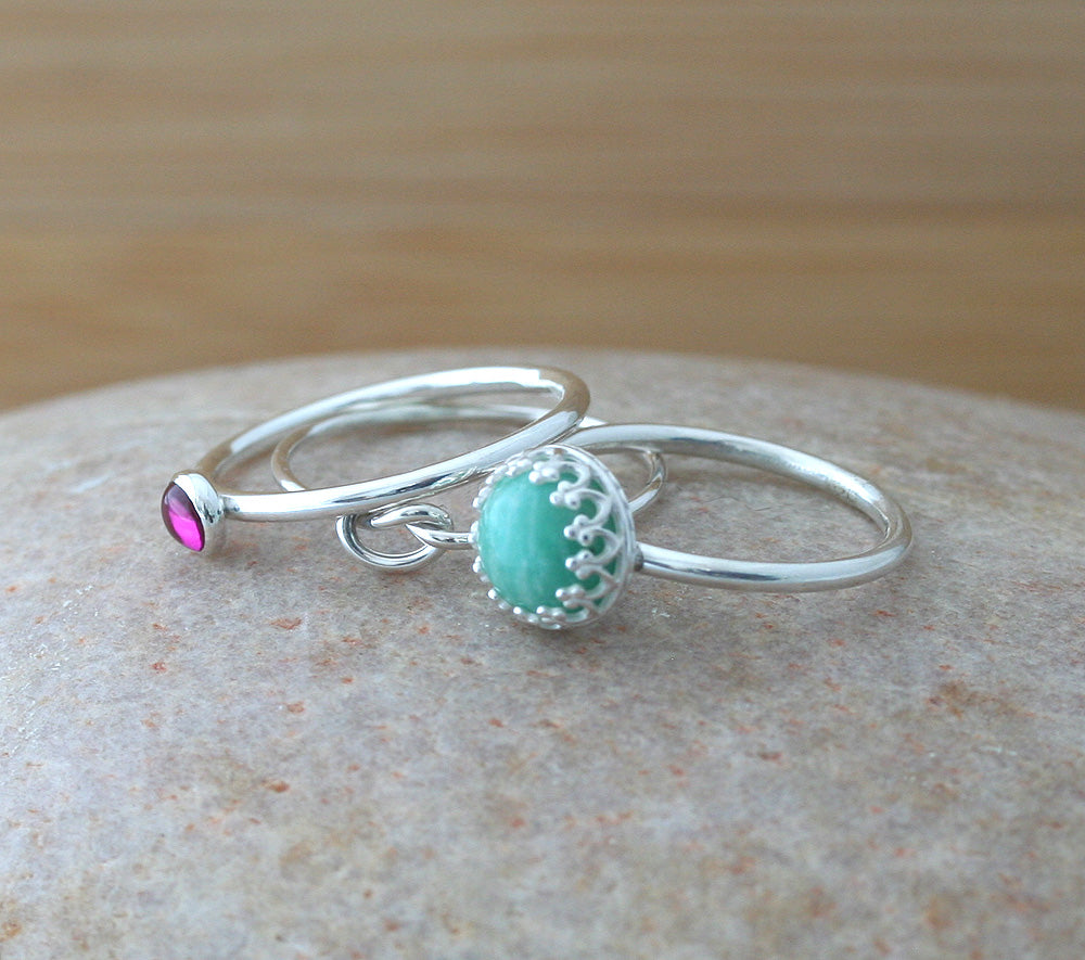 Ruby stacking ring, knot ring, and amazonite crown ring made in New Jersey  with ethical silver.