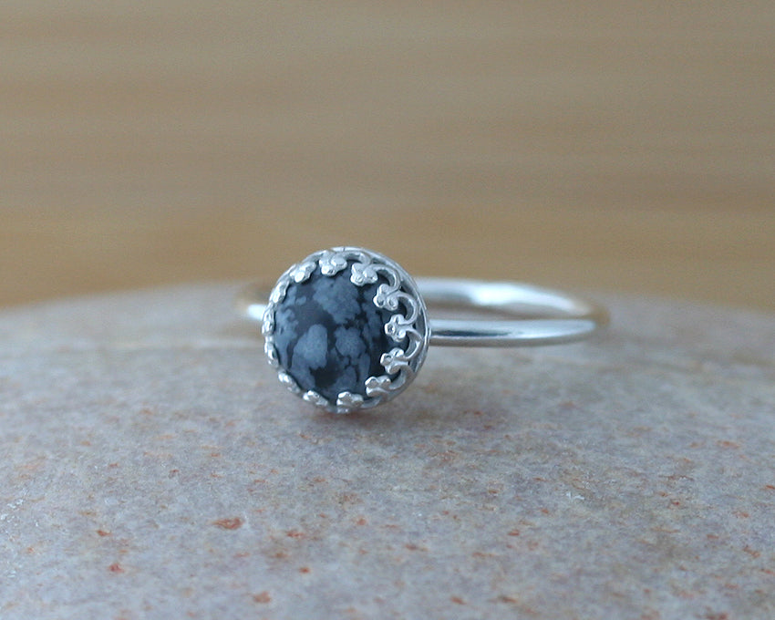 Snowflake obsidian crown ring in sustainable sterling silver. Handmade in New Jersey, US.