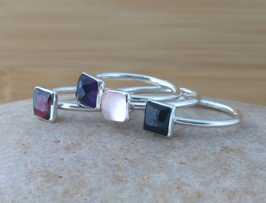 Ethical square gemstone stacking rings in all sizes. Sterling silver. Minimalist design. Handmade in the US with sustainable silver.