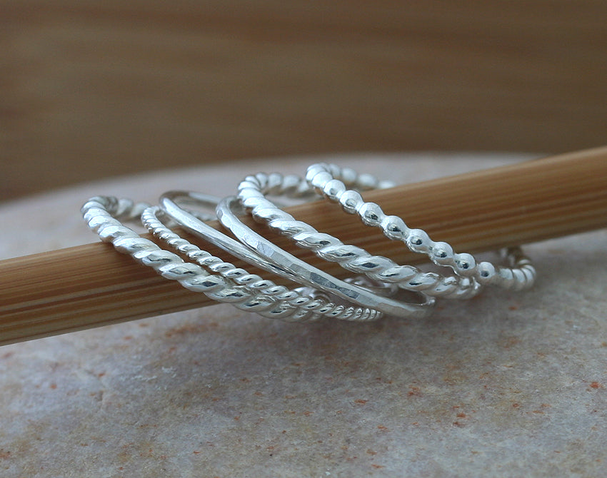 Textured stacking rings made with sustainable silver. Handmade in New Jersey, US.