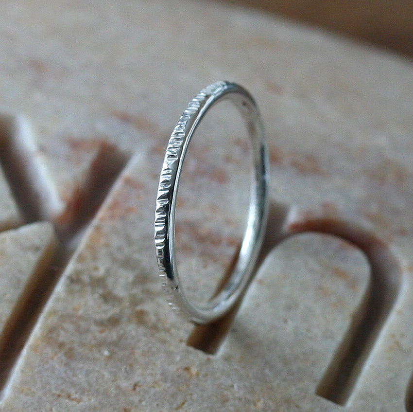 Tree bark textured stacking ring in sustainable silver. Handmade in New Jersey, US.
