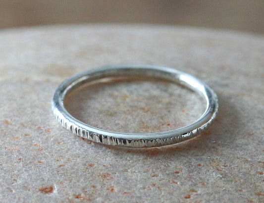 Tree bark textured stacking ring in sustainable silver. Handmade in New Jersey, US.