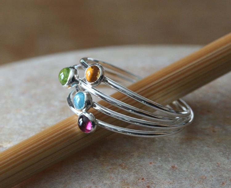 Garnet, topaz, peridot, citrine stacking rings. Sterling silver. Handmade in the US with sustainable silver.