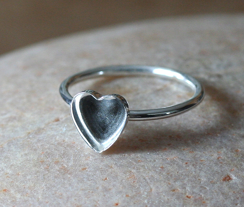 Heart ring blank with an empty 8 mm heart plain ring bezel cup in sterling silver. Handmade in New Jersey, US, with sustainable silver.