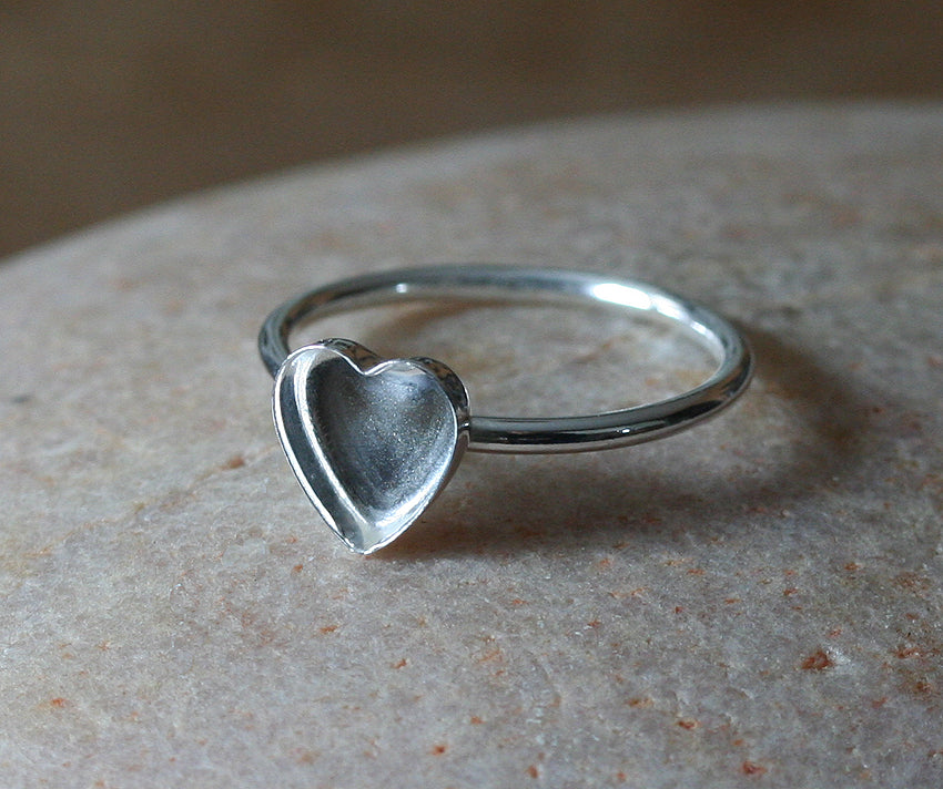 Heart ring blank with an empty 8 mm heart plain ring bezel cup in sterling silver. Handmade in New Jersey, US, with sustainable silver.