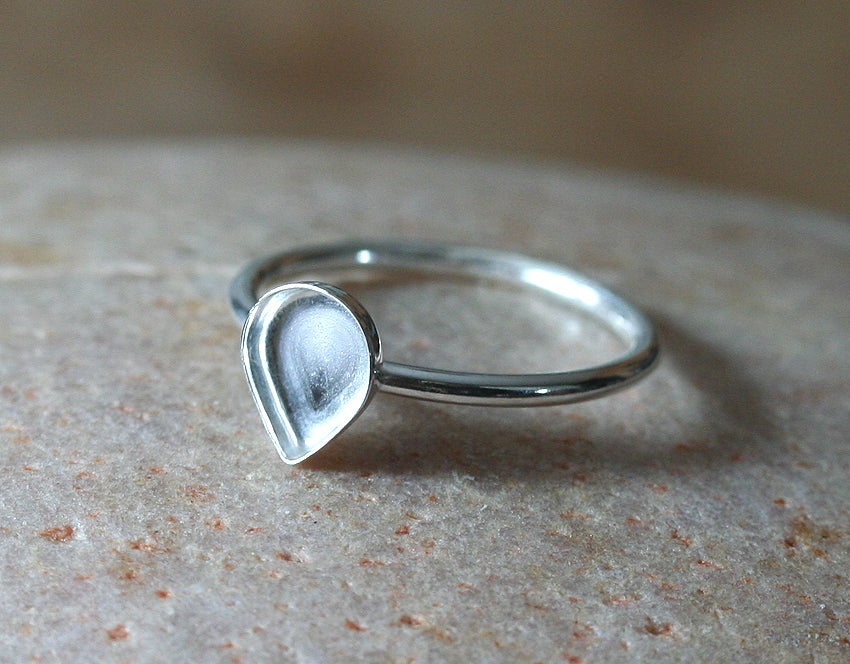 Teardrop Pear Ring Blank Sterling Silver, 8 x 6 mm Sterling Silver Empty Bezel Cup on Ring
